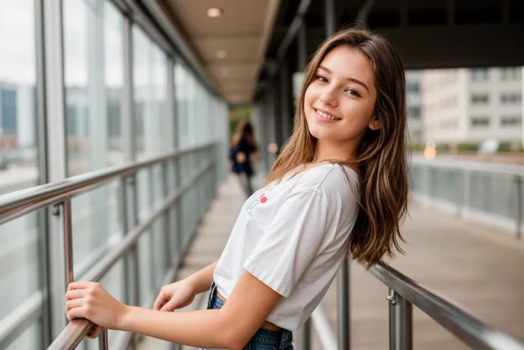 photo of a 18 year old girl,happy,leaning against the handrail,shirt,pants,ray tracing,detail shadow,shot on Fujifilm X-T4,85mm f1.2,sharp focus,depth of field,blurry background,bokeh,motion blur,<lora:add_detail:1>,