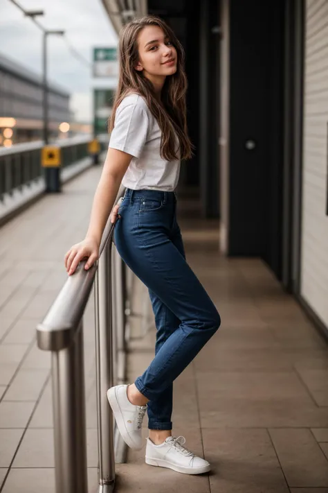 full body,photo of a 18 year old girl,leaning against the handrail,happy,looking at viewer,shirt,pants,ray tracing,detail shadow,shot on Fujifilm X-T4,85mm f1.2,sharp focus,depth of field,blurry background,blurry foreground,bokeh,lens flare,motion blur,<lo...