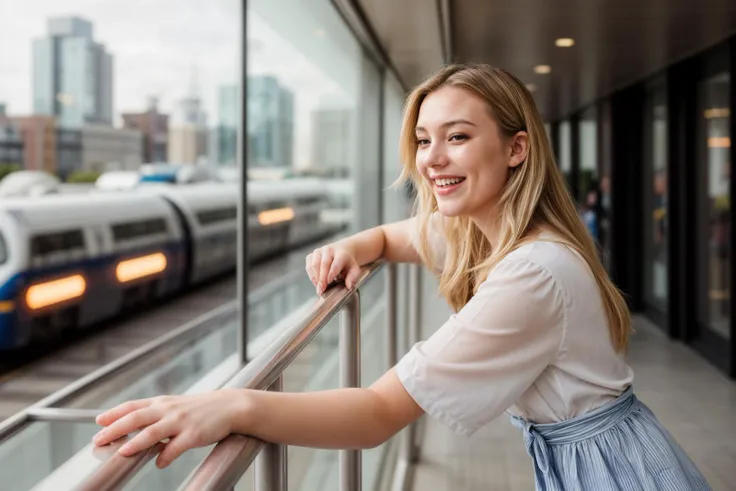 photo of a 25 year old girl,happy,laughing,leaning against the handrail,looking at viewer,ray tracing,detail shadow,shot on Fujifilm X-T4,85mm f1.2,sharp focus,depth of field,blurry background,blurry foreground,bokeh,lens flare,motion blur,<lora:add_detail...