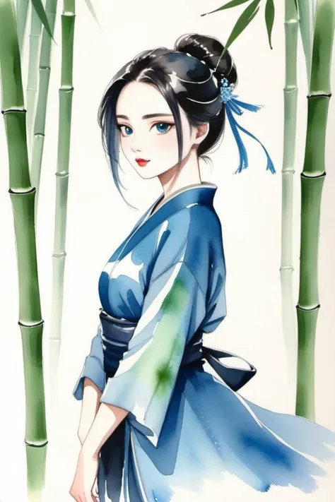 a painting of a woman in a blue kimono standing in front of bamboo trees