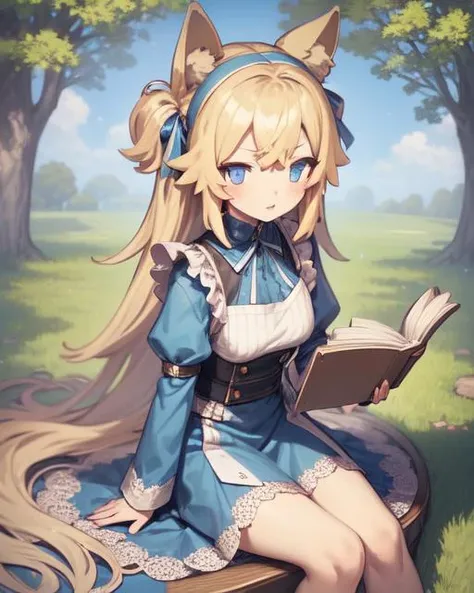 <lyco:NeokiV1.2-LyCORIS:1>wolf ears, 1girl, long blonde hair, blue eyes, blue dress, white frilly apron, hairband,sitting under a tree outdoors reading a book