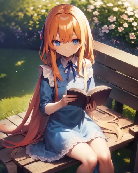 <lyco:r16-Neoki-NAI-LyCORIS-v1.1:0.8>
Alice sitting on a park bench reading a book, very long blonde hair, blue eyes, wearing (blue dress, white apron, red hair_ribbon), outdoors, sunny day, garden