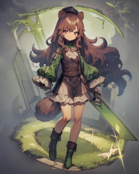 <lyco:r16-Neoki-NAI-LyCORIS-v1.1:1>
1girl, solo, long_hair, looking_at_viewer, brown_hair, long_sleeves, hat, white_background, dress, animal_ears, brown_eyes, closed_mouth, tail, full_body, weapon, boots, frills, sword, sheath, green_headwear, green_footw...