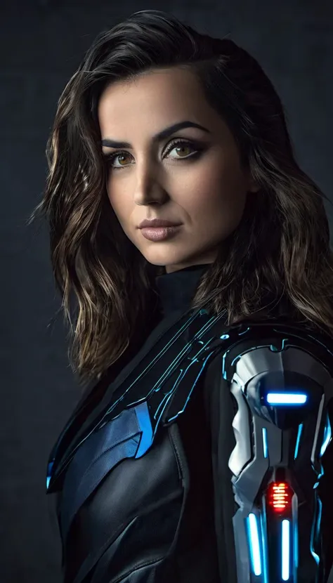 portrait of skswoman, wearing futuristic suit, cyberpunk scenario, epic (photo, studio lighting, hard light, sony a7, 50 mm, matte skin, pores, colors, hyperdetailed, hyperrealistic) <lora:Ana de Armas:1.2>