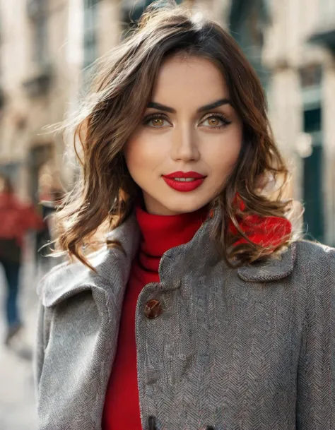 closeup portrait  sexy 25 y.o. skswoman wearing red turtleneck and jeans, background city street bokeh <lora:Ana de Armas:1.2>