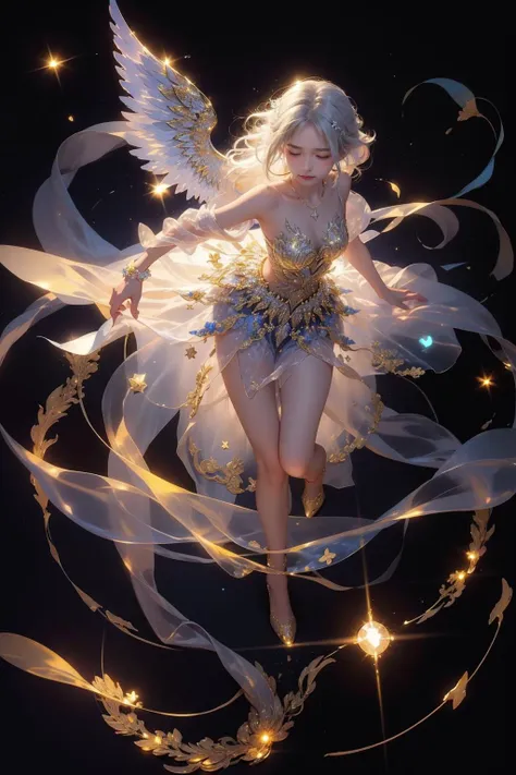 a woman with white hair and wings is flying through the air