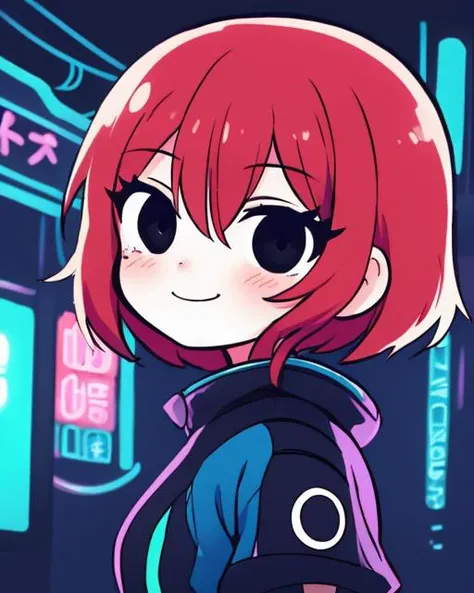 <lora:SakuraVRC:0.6> SakuraVRC, 1girl, solo, short hair, red hair, hair between eyes, <lora:scottpilgrimvstheworld_v6.0_Mix:1> scottpilgrimvstheworld, black eyes, <lora:cyberpunk-v1-nai-8ep-resize:1> cyberpunk, science fiction, neon lights, upper body, smi...