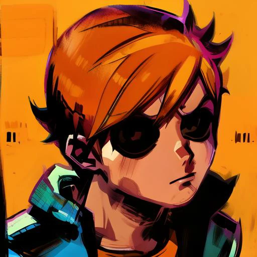 <lora:scottpilgrimvstheworld:1> scottpilgrimvstheworld, 1boy, simple background, orange hair, shirt, open jacket, upper body, looking at viewer, v-shaped eyebrows,  <lora:cyberpunk2077Tarot_tarotCard512x1024:1>  <lora:DiscoElysiumStyle_v1:0.7>