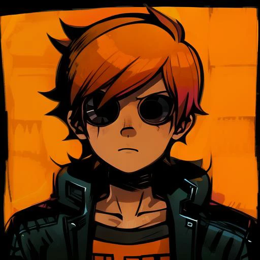 <lora:scottpilgrimvstheworld:1> scottpilgrimvstheworld, 1boy, simple background, orange hair, shirt, open jacket, upper body, looking at viewer, v-shaped eyebrows,  <lora:cyberpunk2077Tarot_tarotCard512x1024:1>