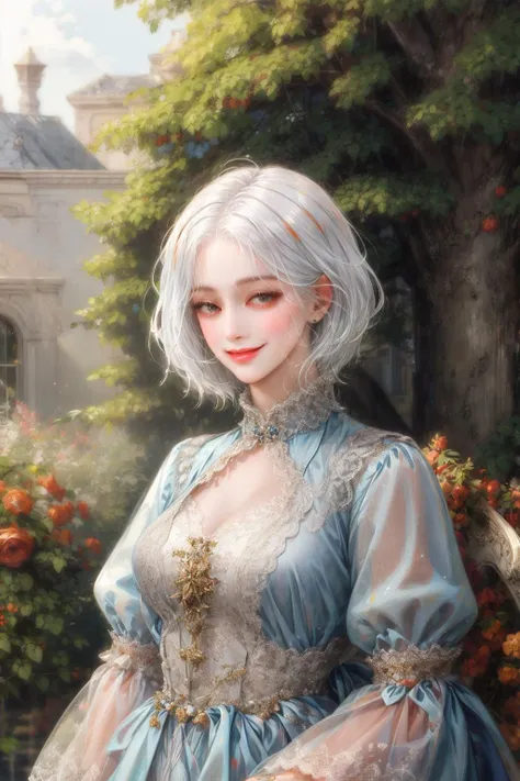 (absurdres, highres, ultra detailed), 1girl, solo, mature, (white hair), Baroque, long dress, long sleeve, elegant, colorful, highest detailed, upper body, outdoors, garden, smile, (closed mouth)