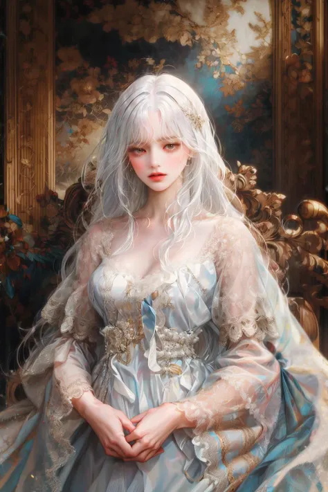 (absurdres, highres, ultra detailed), 1girl, solo, mature, (very long hair, white hair, bangs:1.4), baroque, long dress, long sl...