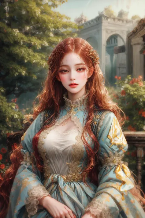 (absurdres, highres, ultra detailed), 1girl, solo, mature, (very long hair, red hair), baroque, long dress, long sleeve, elegant...