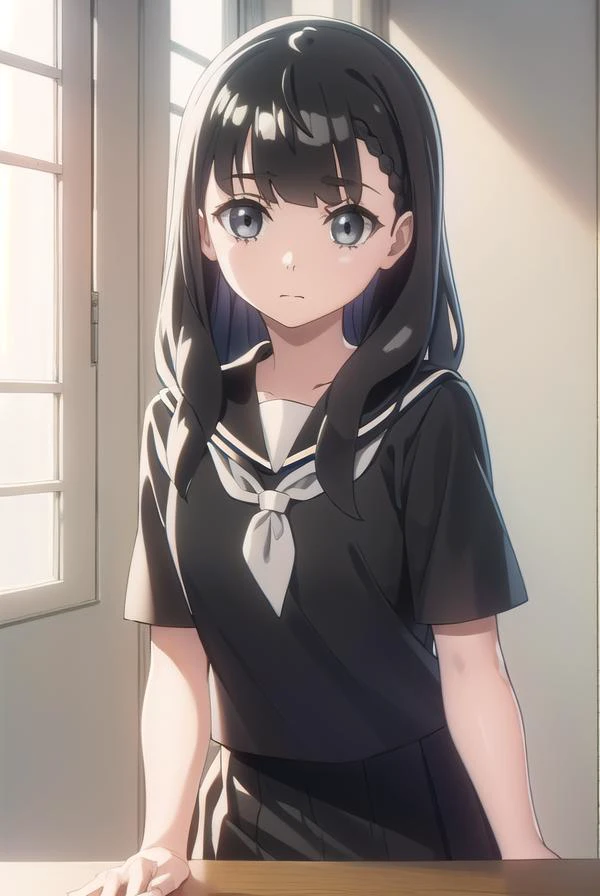 yuzukishiraishi, <lora:yuzuki shiraishi anime s1-lora-nochekaiser:1>,
yuzuki shiraishi, long hair, bangs, black hair, braid, (grey eyes:1.5),
BREAK school uniform, serafuku, sailor collar, neckerchief, (black serafuku:1.5), white neckerchief, (black skirt:...