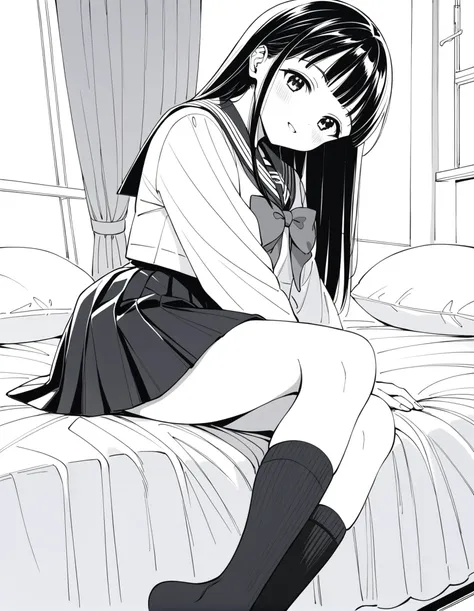 anime girl sitting on a bed with her legs crossed