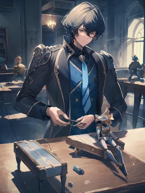 anime character in a school classroom with a desk and a sword