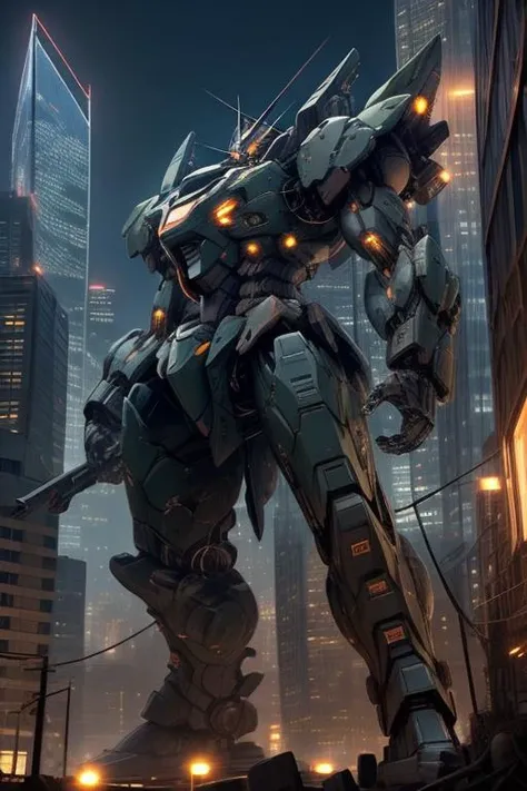 a robot standing in the middle of a city at night