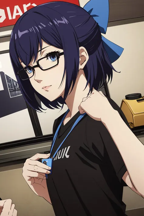 anime girl with glasses and a blue bow holding a cell phone