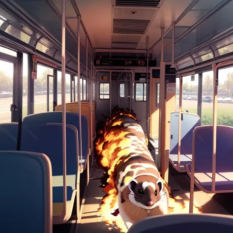 <lora:Blow It Up :1> Explosion Artstyle, bus interior, spooning, ferret