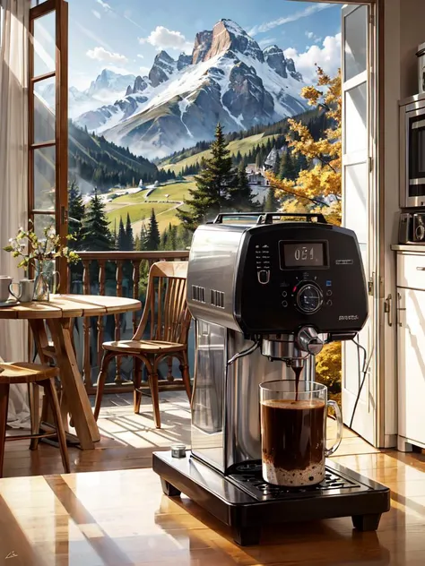 coffee machine in kitchen, mountains outside window