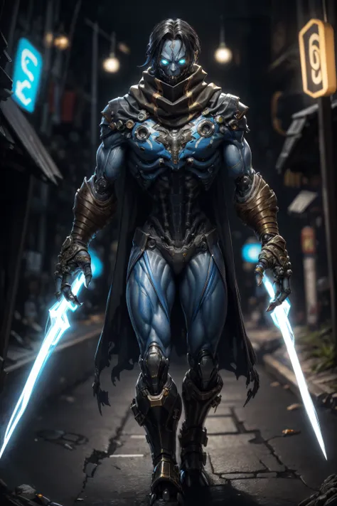 a man in a blue costume holding two swords in a dark alley