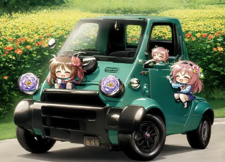 anime characters on a green car with flowers in the background