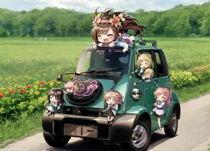 anime characters on the back of a car with a bunch of flowers