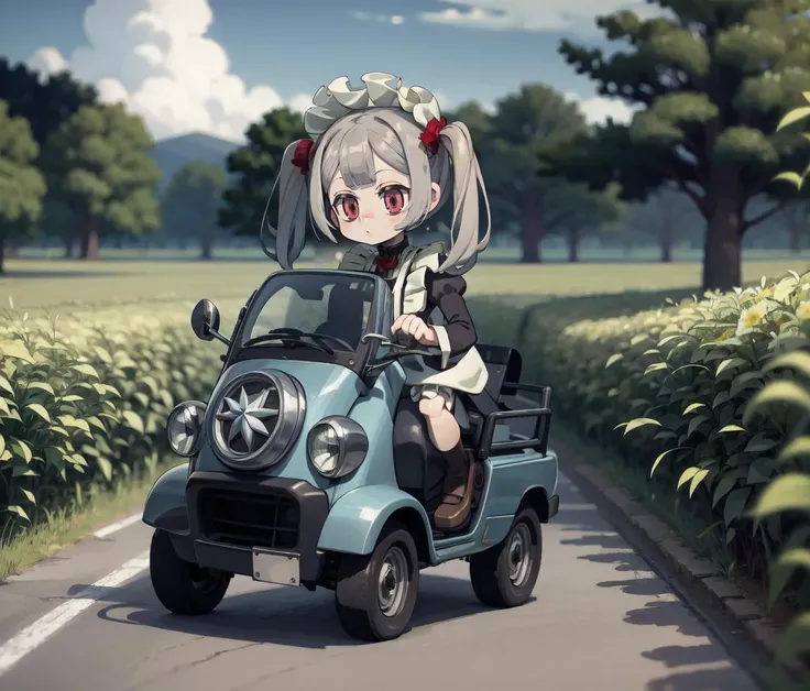 anime girl in a car with a dog on the back