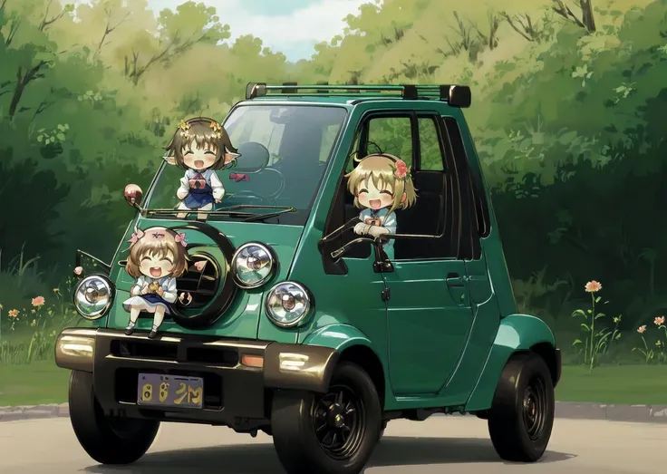 anime characters in a car with a green background