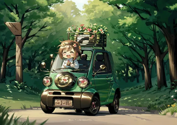 anime scene of a couple driving a green car with a basket on top