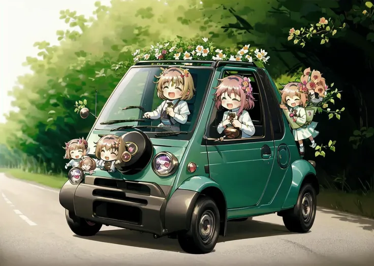 anime characters in a car with a bunch of flowers on the roof