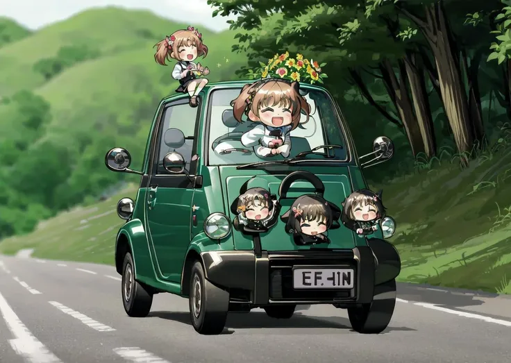 anime characters on a car with a green background