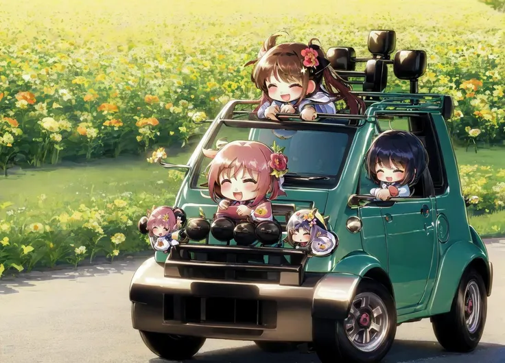 anime characters riding in a car with a dog on top