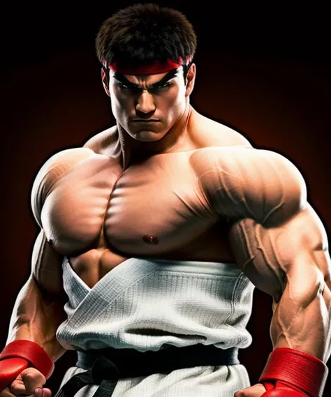 medium full shot. photo of handsome lightweight young adult Ryu, very detailed muscles, very detailed skin, street fighter, Shoryuken, upper body, in the middle of a fight, fight action, dynamic angle, powerful, best quality, intricate, soft lighting, past...