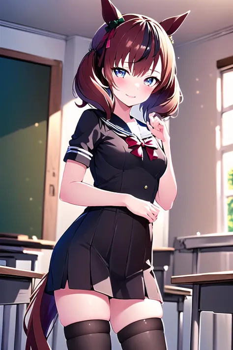 ((masterpiece, best quality, ((high quality)), official art)), (perfect anatomy, beautiful detailed eyes),
[1girl:nice nature (umamusume):0.2],
looking at viewer, blush, medium breasts, black serafuku, black shirt, black skirt, (black thighhighs:1.3), ligh...