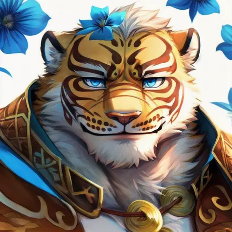 a close up of a tiger with a blue eyes and a gold collar