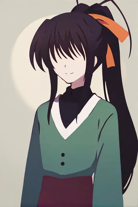 anime girl with long black hair and a green sweater