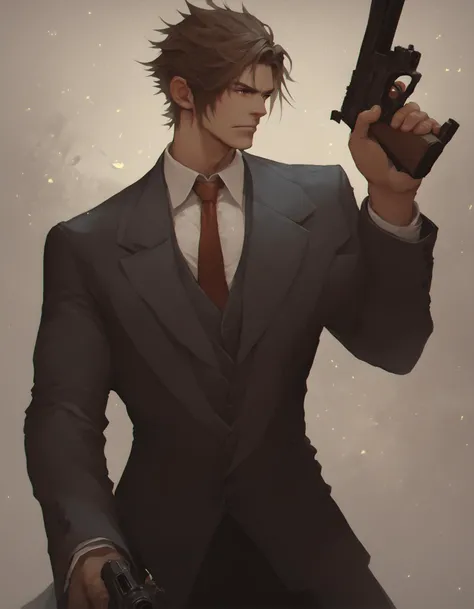 score_9_up, score_8_up, score_7_up, score_6_up, Final Fantasy Games Style, solo, brown hair, 1boy, weapon, male focus, necktie, gun, formal, suit, handgun, <lora:FF-InspoXL:1>