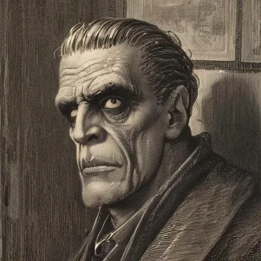 woodcut illustration in detailed gustavedore style, book illustration, by gustave dore, crisp even lines, ornate framing, medium contrast portrait of Universal monster Boris Karloff Frankensteins monster with bolts in neck, detailed eyes, by gustave dore <...