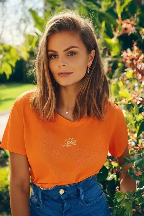 headshot, orange tee, garden, short haircut, soft colors, bokeh, masterpiece, high quality, (high detailed skin:1.1)
<lora:lieke_martens_lora_v01:1> l1k3