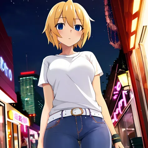 higurashi_mei <lora:higurashi_mei_v1:0.7> blonde hair, shopping, city, night, street lights, t-shirt, jeans, solo, masterpiece, best quality