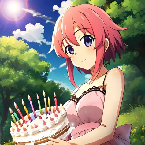 higurashi_mei <lora:higurashi_mei_v1:0.7> pink hair, dress, nature, birthday cake, sky, clouds, sun, masterpiece, best quality