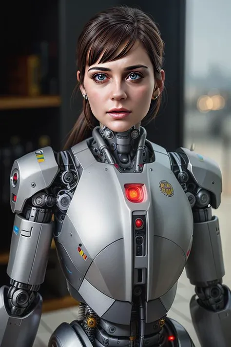 a close up of a woman in a suit with a robot on her arm