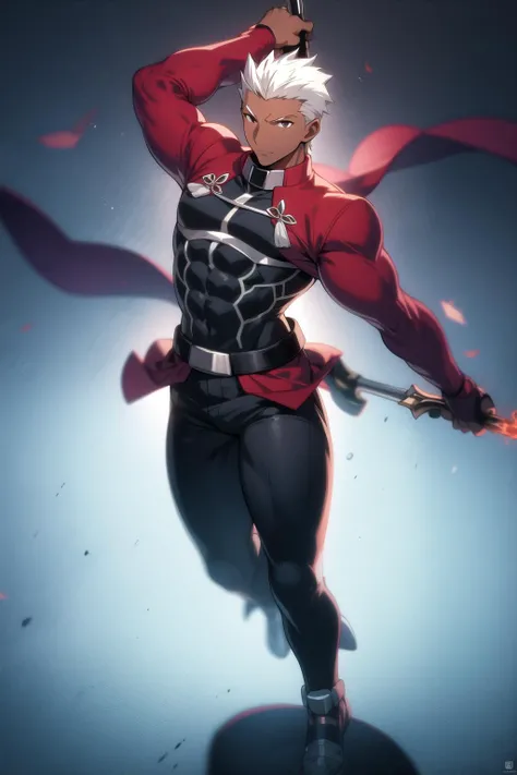 (detailed:1.3),full body,
<lora:shirou:1>,emiya_shiro,dark skin,arms in the air, holding weapon, dual wielding, 
Ultra-detail,(highres:1.1),best quality,(masterpiece:1.3),cinematic lighting,