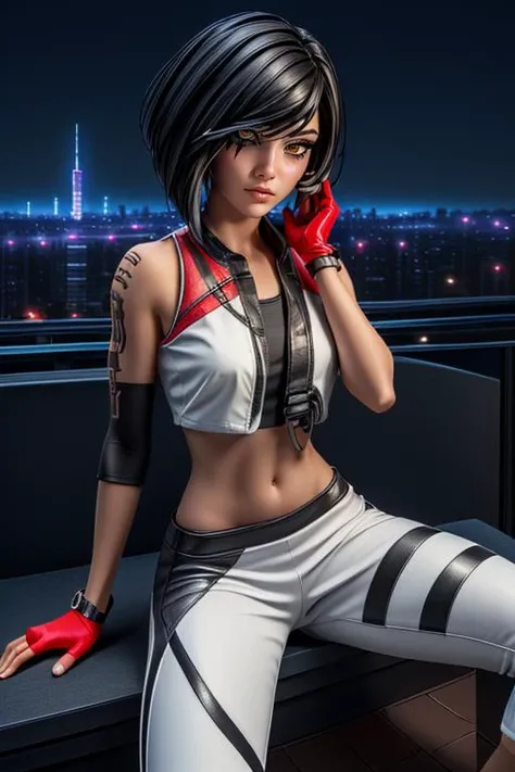 (masterpiece, best quality, highres, absurdres, ultra-detailed:1.3), 1girl, <lora:FaithConnorsMEC-11:0.8>(Faith:1.3), brown eyes, black hair, short hair, bobcut, black tank top, black vest, white pants, black fingerless gloves, red shoes, ((right eye tatto...