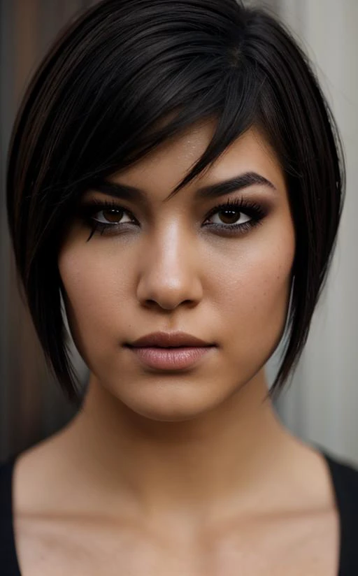 a woman with a black top and a short haircut