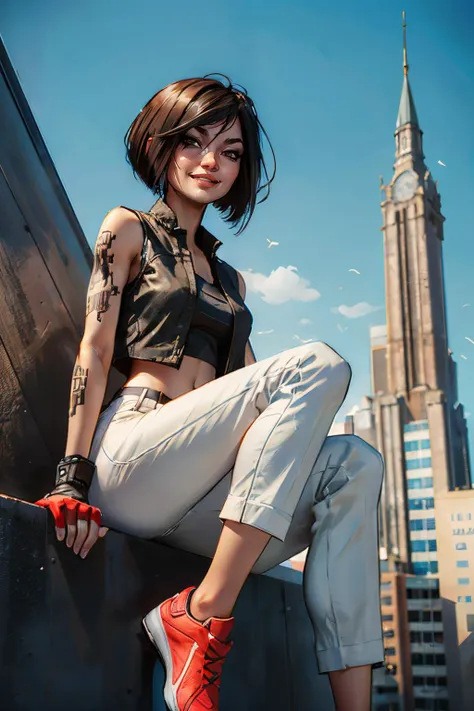 Faith, brown eyes, short black hair, bobcut, right eye tattoo, black shirt, vest, white pants, black fingerless gloves, red shoes, looking at viewer, serious, smiling, sitting, from_below, on building, cityscape, blue sky, high quality, masterpiece, <lora:...