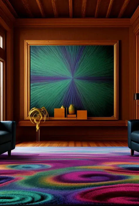 a brightly colored carpet in a living room with a painting on the wall