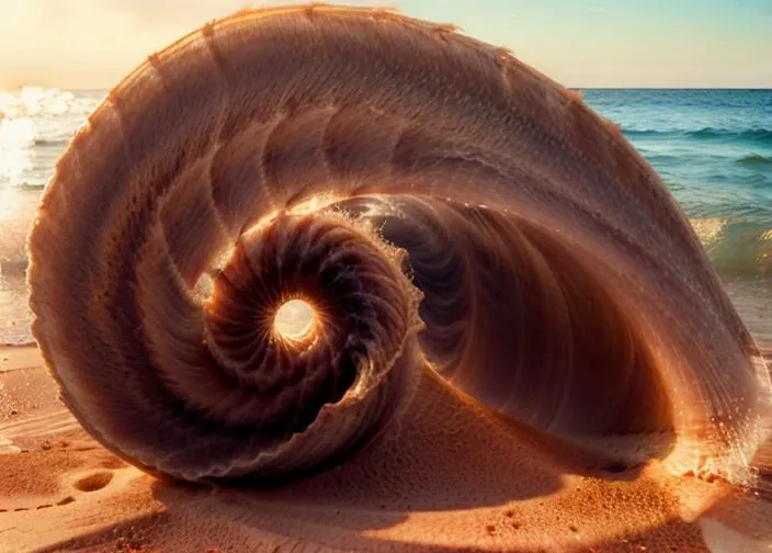 arafed shell on the beach with waves coming in