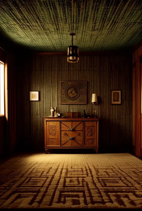 there is a room with a wooden dresser and a lamp