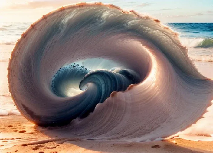 arafed shell on the beach with a wave coming out of it